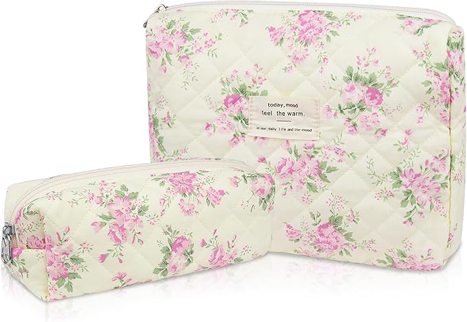 Gosect 2PC Makeup Bag Set, Cute Cosmetic Bag for Women Girls, Floral Coquette Aesthetic Toiletry Bag, Travel Make Up Organizer Bag (Pink Flower)