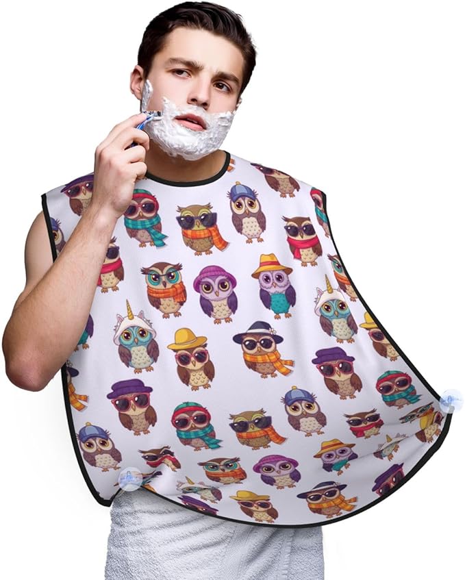 Strong Suction Cup Beard Grooming Bib, Non-Stick Hair Catcher, Waterproof, for Shaving, Cute Cartoon Owls