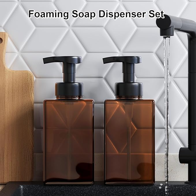 Kzeirm Amber Foaming Soap Dispenser, Refillable Foam Hand Soap Dispenser, Set of 2 Empty Foamer Pump Bottle, Brown Foaming Dispenser Bottles with Black Pump