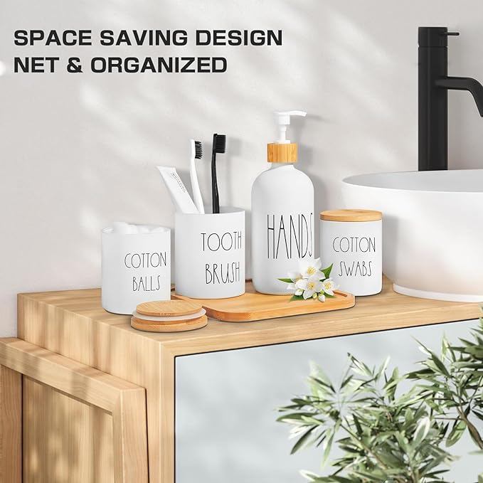 ALPIRIRAL White Bathroom Accessories, 5 Pcs Glass Bathroom Accessory Set with Bamboo Tray, Soap Dispenser and Toothbrush Holder Set, Qtip and Cotton Ball Holder, Farmhouse Boho Bathroom Set Complete