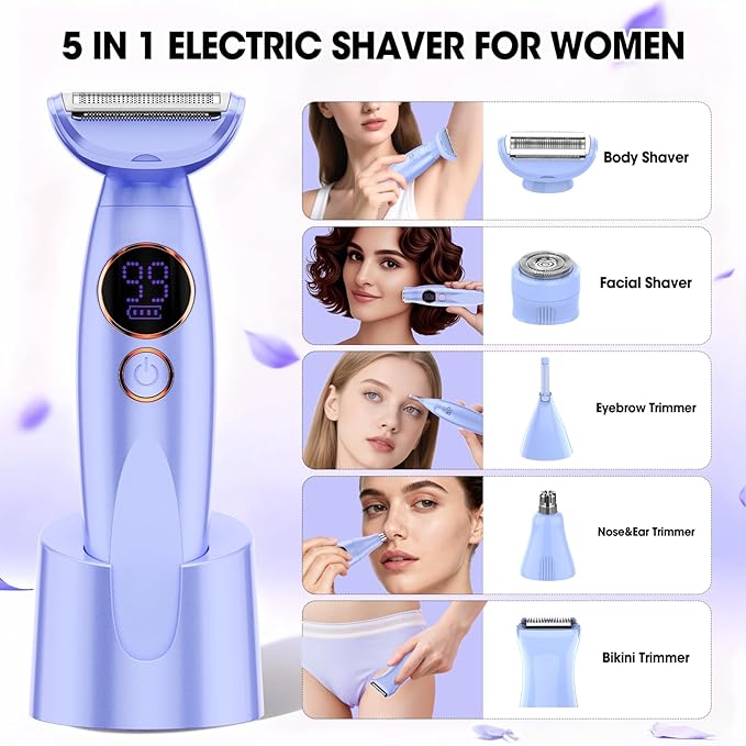 5 in 1 Bikini Trimmer for Women,IPX7 Waterproof Cordless Replaceable Pubic,Eyebrow,Facial Electric Razors&Nose Hair Trimmer&Painless Body Shaver for Arms Legs Underarms,USB Charge,LED Display,Wet&Dry