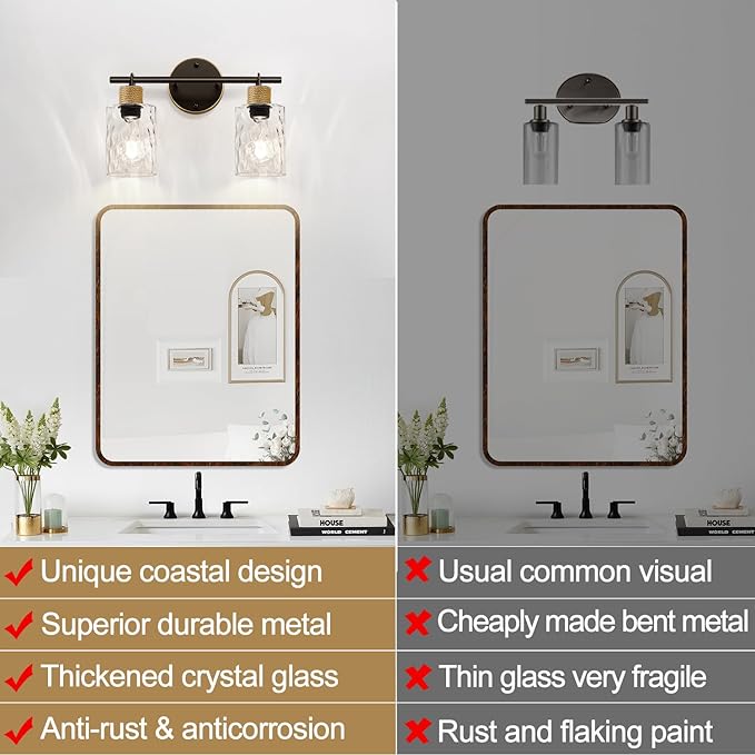 Bathroom Light Fixtures, 2-Light Coastal Vanity Lights with Crystal Glass Shade, Brown and Gold Bathroom Wall Lamp for Mirror Kitchen Hallway Cabinet