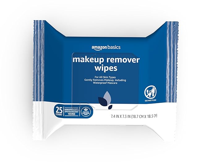 Amazon Basics Makeup Remover Wipes, Gentle Facial Cleansing, Dermatologist Tested, Original, Plant-Based, Alcohol-Free, Removes Waterproof Mascara, 25 Count, 1-Pack