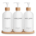 Amber Shampoo and Conditioner Dispenser Set by Brighter Barns - Refillable Plastic Shower Dispenser for Bathroom - Body Wash and Shampoo Bottles with Tray - Boho Decor for Airbnb, Hotel, Gift (Amber)