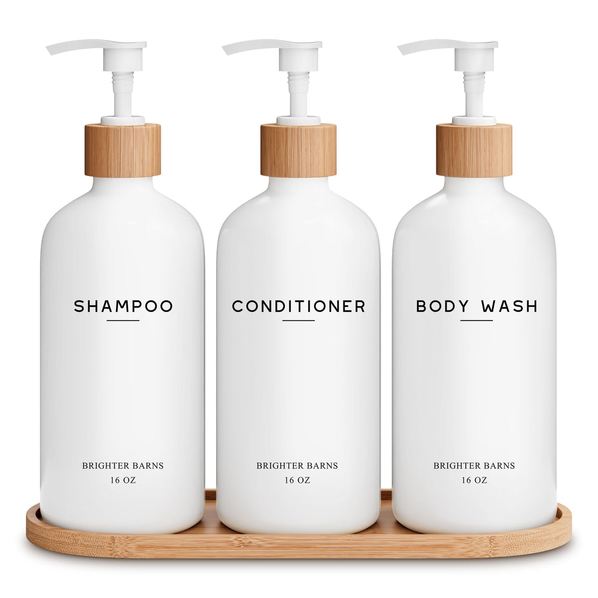 Amber Shampoo and Conditioner Dispenser Set by Brighter Barns - Refillable Plastic Shower Dispenser for Bathroom - Body Wash and Shampoo Bottles with Tray - Boho Decor for Airbnb, Hotel, Gift (Amber)