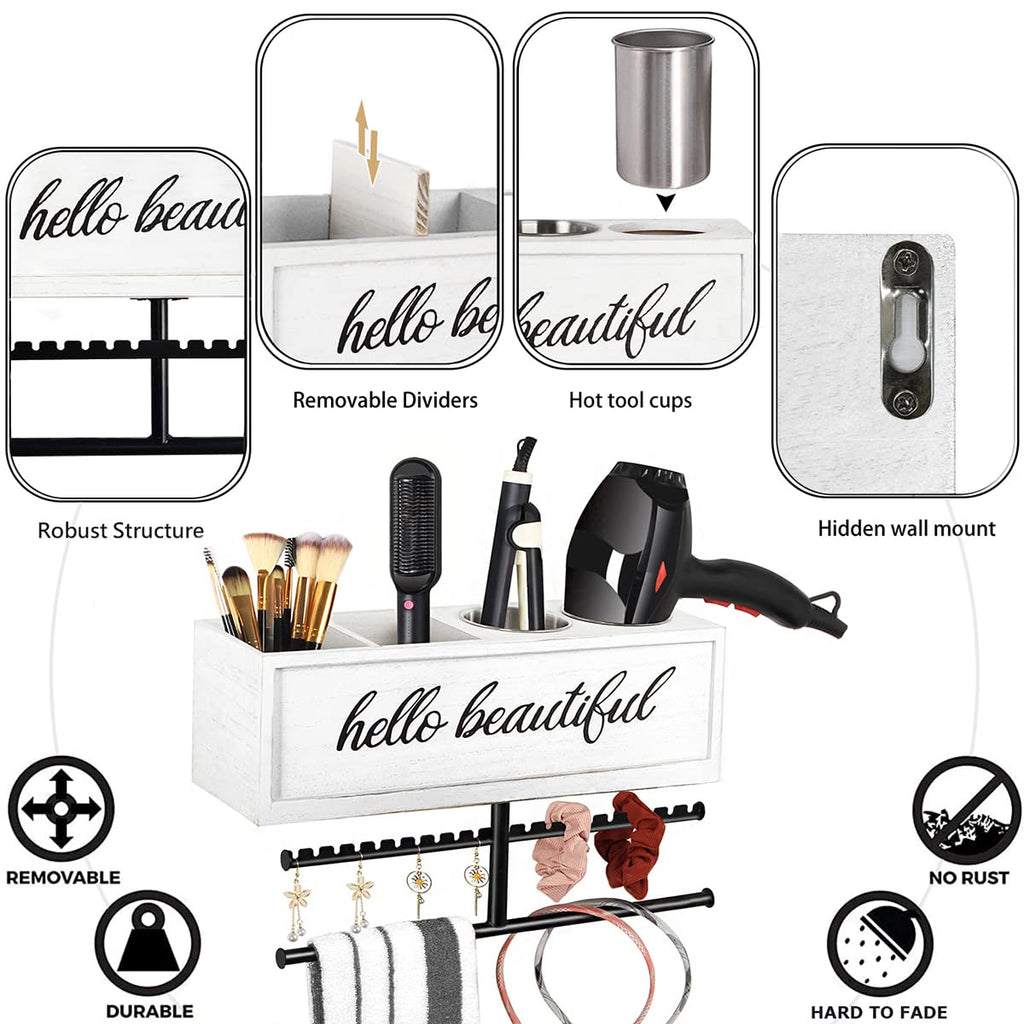 Ronjnndc Rustic Hair Dryer Holder Wall Mounted,Hair Styling Tools & Accessories Organizer,Bathroom Supplies & hot Tools vanities Organizer Caddy,for Storage Flat Iron,Blow Dryer,Curling Iron (White)