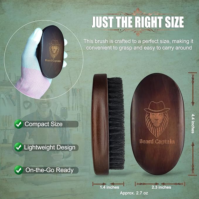 Beard Captain 100% Boar Bristle Beard Brush for Man – Retro Wooden Handle, Promotes Beards Growth & Softens, Travel Size