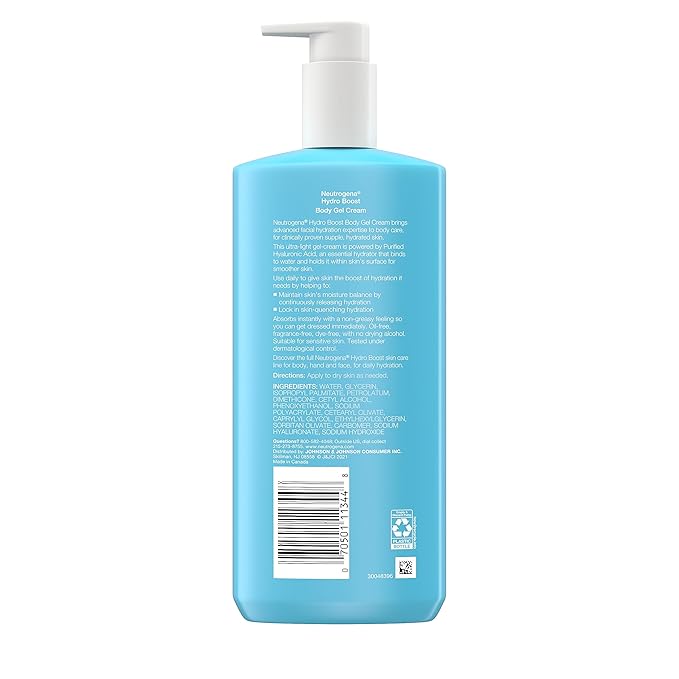 Neutrogena Hydro Boost Body Gel Cream,Hydrating Body Lotion with Hyaluronic Acid for Sensitive Skin,Fragrance-Free Hyaluronic Acid Moisturizer,16 oz,(Pack of 4)