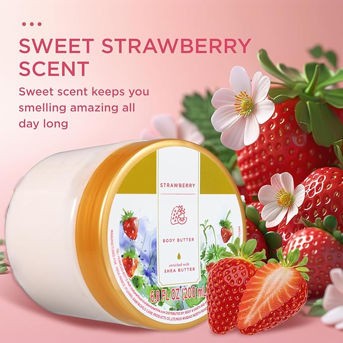 Princess Belle Strawberry Body Butter, Shea Body Butter and Body Moisturizer for Dry Skin, Mens and Womens Body Care, Deep Moisturizing and Softening-200ml(6.8 floz)
