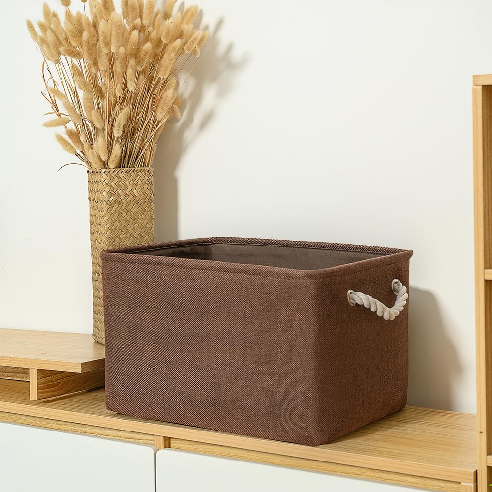 TheWarmHome Organization and Storage Basket for Shelves - 3 Pack 16x12x12 inch Fabric Storage Cubes, Cube Storage Bin for Organizing Closet Cloth Organizer Gift Toy (White & Brown)