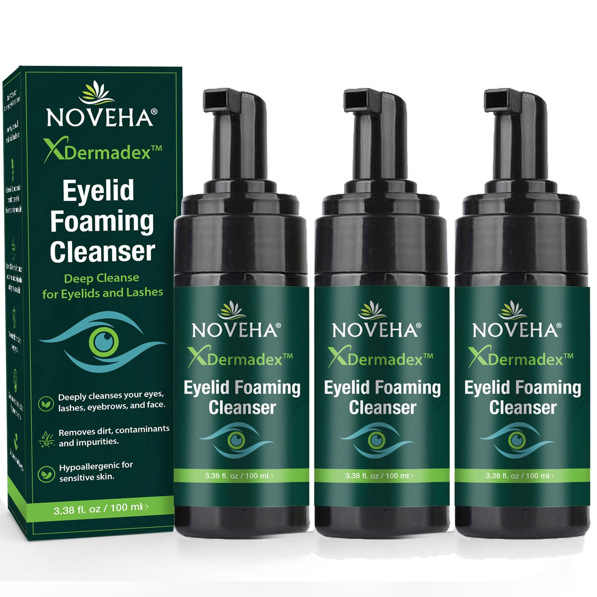 NOVEHA Extra Strength Tea Tree Eyelid & Face Foaming Cleanser – Daily Cleansing Foam with Tea Tree Oil, Coconut Oil, Vitamin E & Pro-Vitamin B5 – For Eyelids, Lashes & Face – 3.38 fl oz (100ml)
