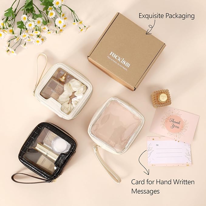 PACKISM Structured Clear Makeup Bag - Faux Leather Cosmetic Pouch with Reinforced Frame, Stand-Up Toiletry Organizer for Purse & Car Console, Mini White