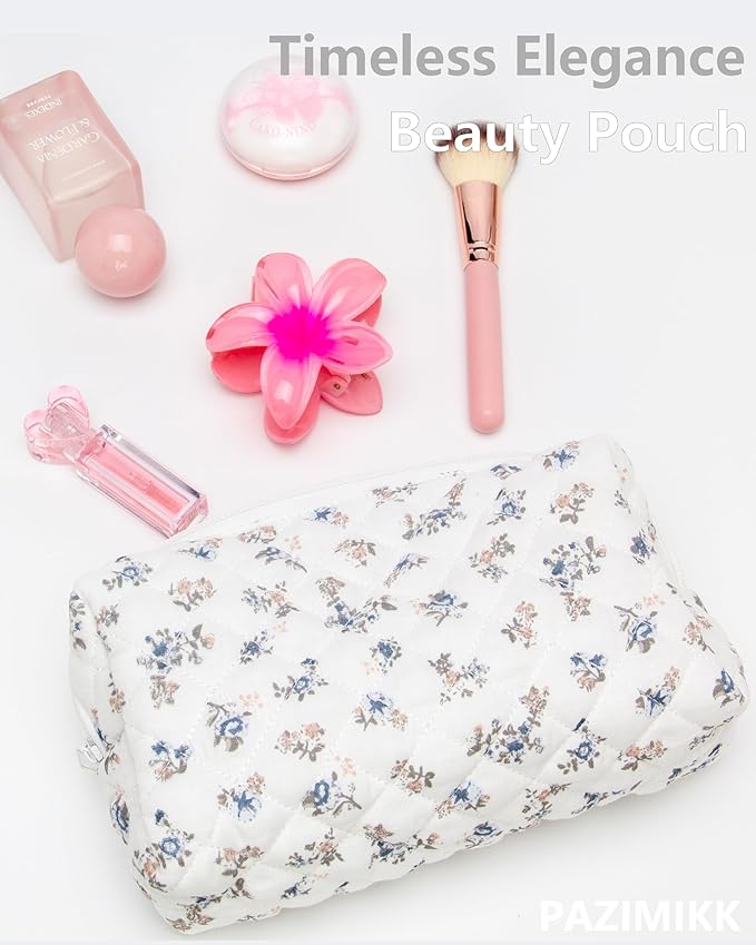 PAZIMIIK Small Quilted Makeup Bag,Zipper Cosmetic Pouch,Gauze Hyacinth