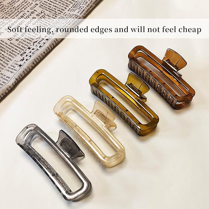 Nalodu 5 Inch Large Hair Claw Clips, No Slip Glossy Jelly Square XL Clips for Thick Long Curly Hair, Women's Big Rectangle Strong Clips, 4 Pack