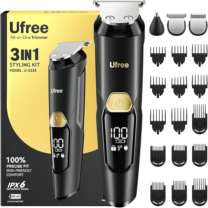 Ufree 3-in-1 Beard Trimmer for Men, IPX6 Waterproof Electric Razor Shaver, Hair Mustache Body Nose Trimmer, Type-C Clippers Husband Father boy Grooming Kit, Birthday Gifts for Men Dad