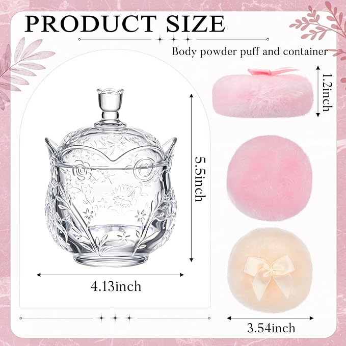 Tioncy 3 Pcs Large Body Powder Puff and Container Valentine's Day gift Powder Container with Puff Crystal Case Soft Washable Reusable Velour Face Body Glitter Wet Dry Makeup(Floral Embossed,Clear)