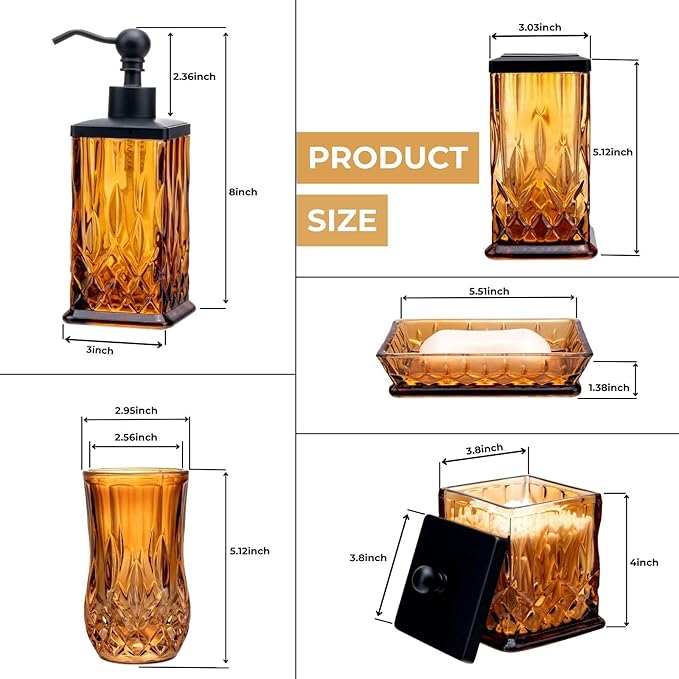 ZIVQEXMURL Amber Bathroom Accessories, Thick Etched Glass & Zinc Alloy Pump
