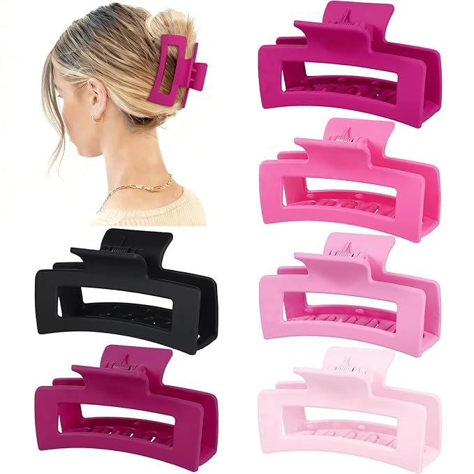 Sisiaipu 3.5 Inch Medium Hair Claw Clips 6 Pack Hair Clips for Women Square Rectangle Claw for Hair Banana Jaw Clips Hair Accessories for Girls (Pink Purple)