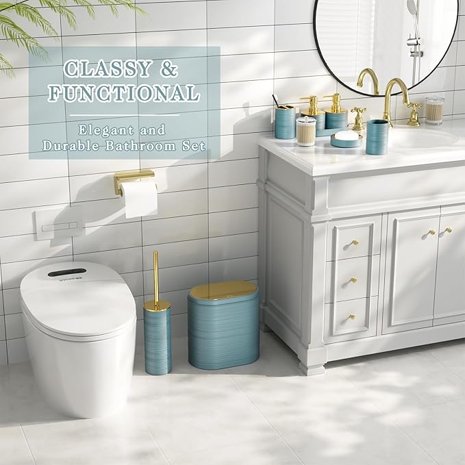 InnJoey Bathroom Set, 10PC Bathroom Accessory Set, Light Blue Bathroom Accessories, Blue and Gold Bathroom Set with Trash Can, Soap Dispensers