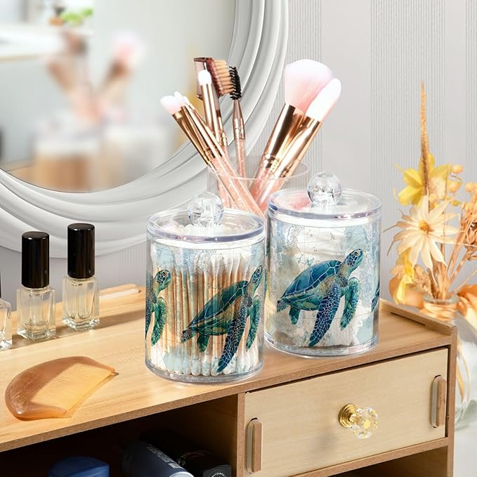 xmycdz 2 Pack Sea Turtle Pattern Apothecary Jars with Lid, 10 Oz Clear Plastic Apothecary Jar Set Qtip Holder Storage Containers for Cotton Ball Swabs Bathroom Vanity