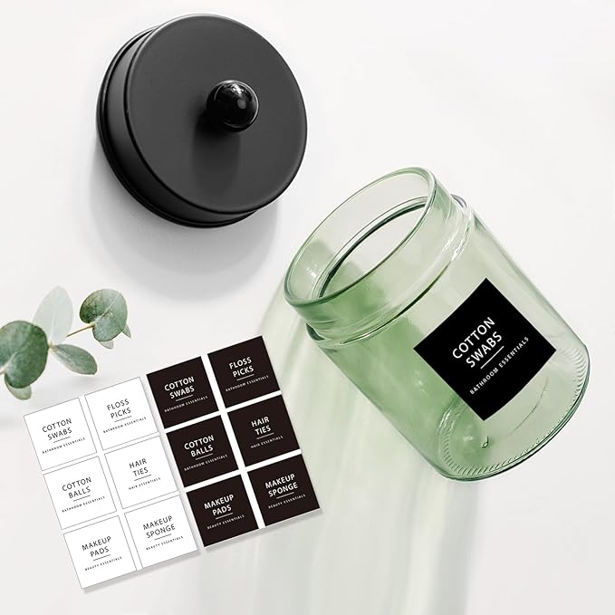 Amolliar Sage Green Apothecary Glass Jar With Metal Lid & Stickers, Bathroom Qtip Dispenser Storage Canister, Perfect for Cotton Balls, Cotton Swabs, Round Pads, Bath Salt, Floss, Black 1 Pack