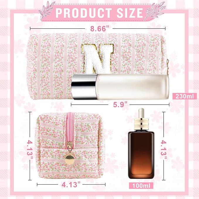 Personalized Quilted Cosmetic Bag, Puffy Monogrammed Christmas Birthday Gifts for Women & Girls, Cute initial Floral Makeup Bag Puffer Coquette Bag, Aesthetic Travel Toiletry Zipper Pouch(Pink,N)