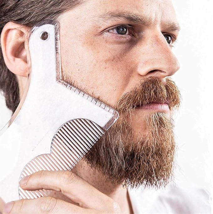 Beard Shaping Tool with Inbuilt Comb and Transparent Template Works with Electric Trimmers for Perfect Lineup Edging Jaw Cheek Neck Line Symmetric Curve Step Cut Styling Guide (Transparent)