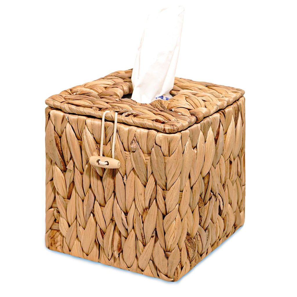 PINXIURY Tissue Box Cover Square Handwoven Rattan Tissue Box Holder, Natural Handmade, Boho Decorative Handcrafted Square Facial Tissue Holder with Lid, Rustic Decorative on Table and Bathroom, Office