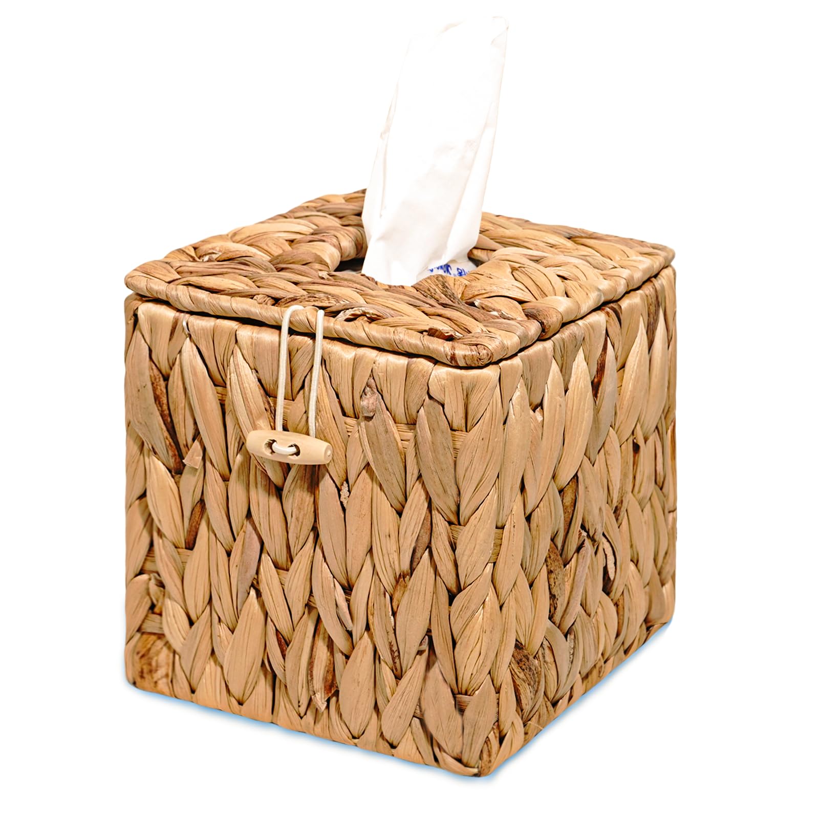 PINXIURY Tissue Box Cover Square Handwoven Rattan Tissue Box Holder, Natural Handmade, Boho Decorative Handcrafted Square Facial Tissue Holder with Lid, Rustic Decorative on Table and Bathroom, Office