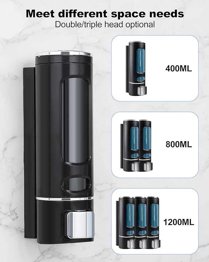 Shampoo and Conditioner Dispenser - 1200ML Wall-Mounted Shower Shampoo Dispenser 3 Chamber No Drill Body Wash Soap Dispenser for Shower, Bathroom, Hotel