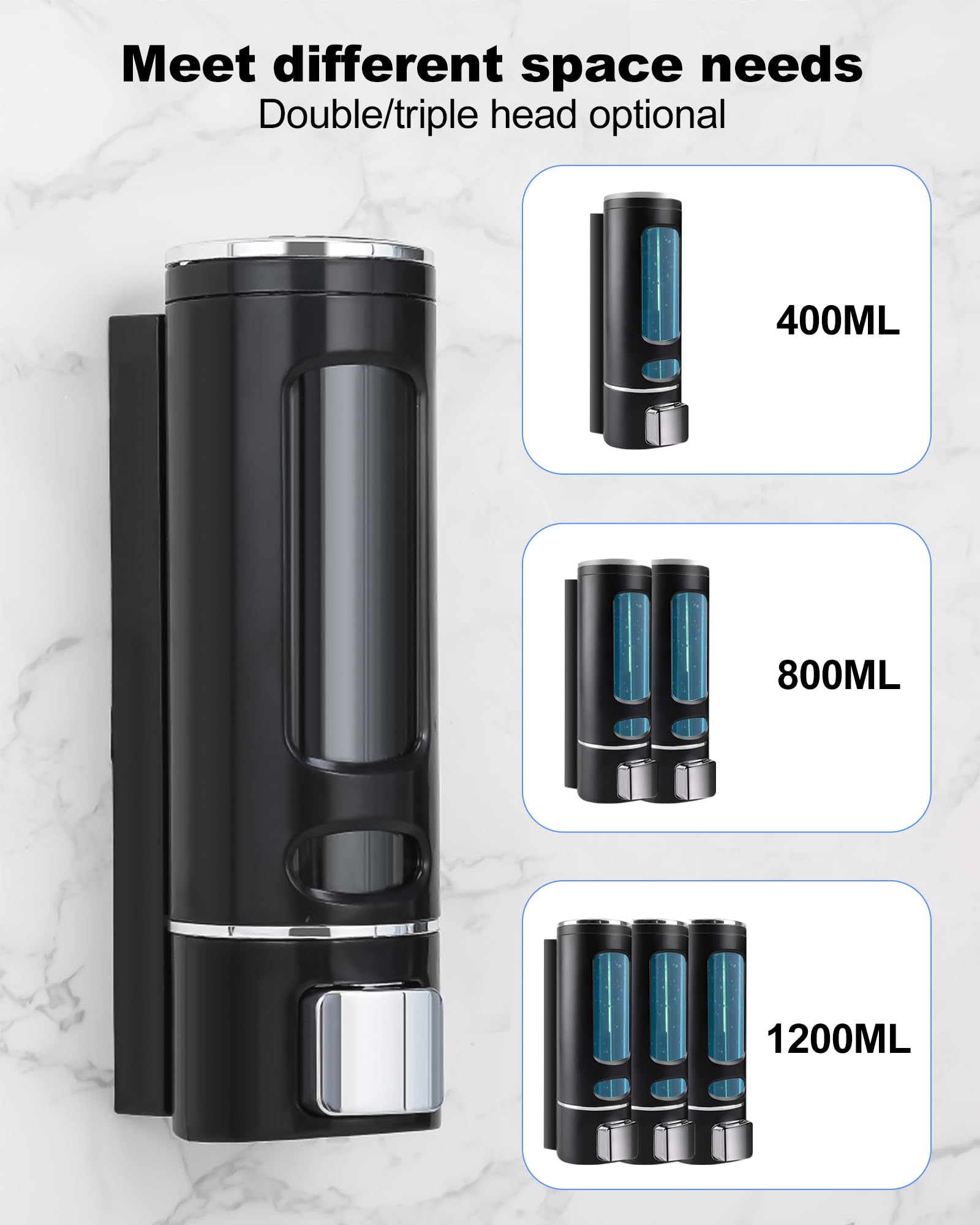 Shampoo and Conditioner Dispenser - 1200ML Wall-Mounted Shower Shampoo Dispenser 3 Chamber No Drill Body Wash Soap Dispenser for Shower, Bathroom, Hotel