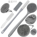 Manmihealth Silicone Back Scrubber & Soft Shower Brush, Silicone Scalp Massager, Toe Cleaning Brush Set 8 PCS, Body Foot Scrubber & Shampoo Brush Combination, with 4 Free Hooks (Style 1 Gray)