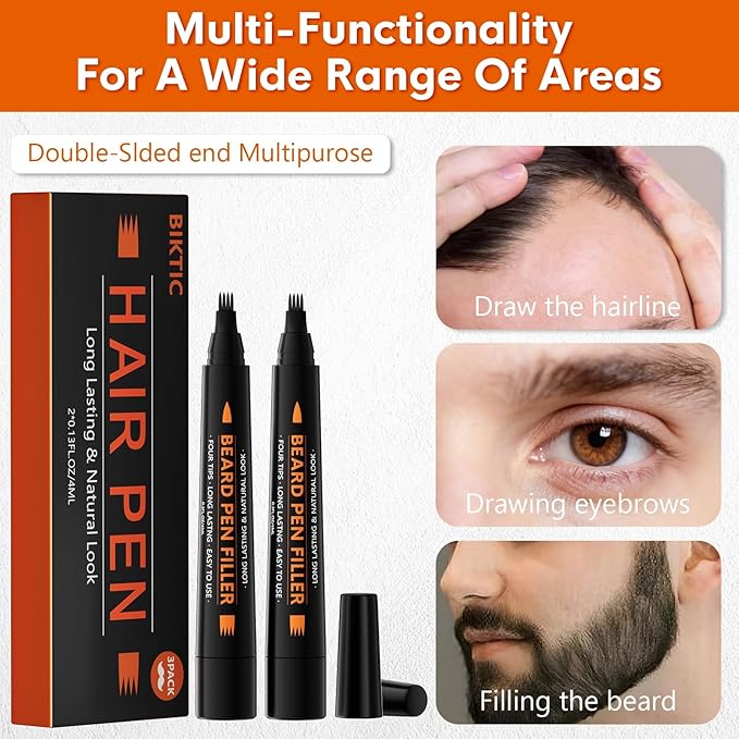3-Pack Beard Pencil Filler for Men (Black), Four-fork Tip Beard Styling Pen