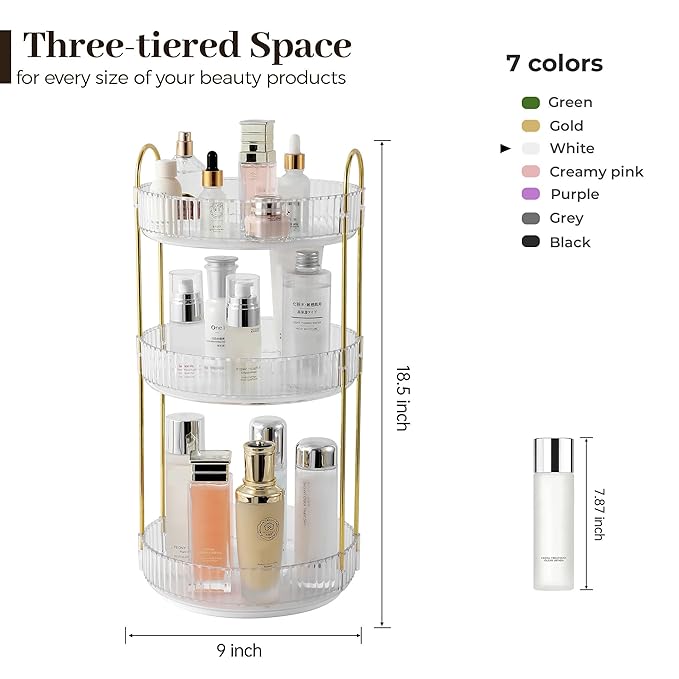 Aveniee 3-Tier 360° Rotating Makeup Organizer, Clear Spinning Perfume Cosmetic Storage for Vanity Countertop, Sturdy Metal Pole Skincare Holder Stand for Bathroom Dresser, White
