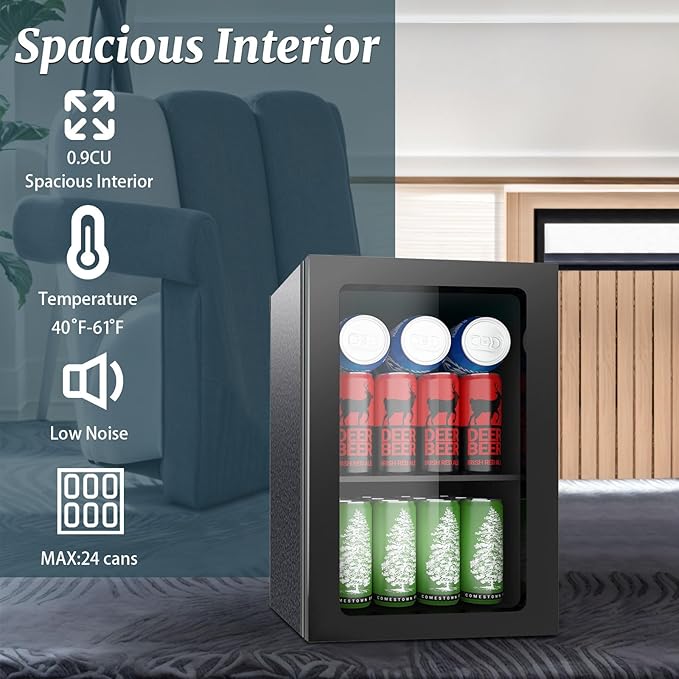 DOGHLY Beverage Refrigerator Cooler, 24 Can Mini Fridge Solid Door for Drinks Soda, Beer, or Wine - Small Refrigerator for Office Bedroom Home Bar, Adjustable Shelves, 0.9 Cu.Ft, Black