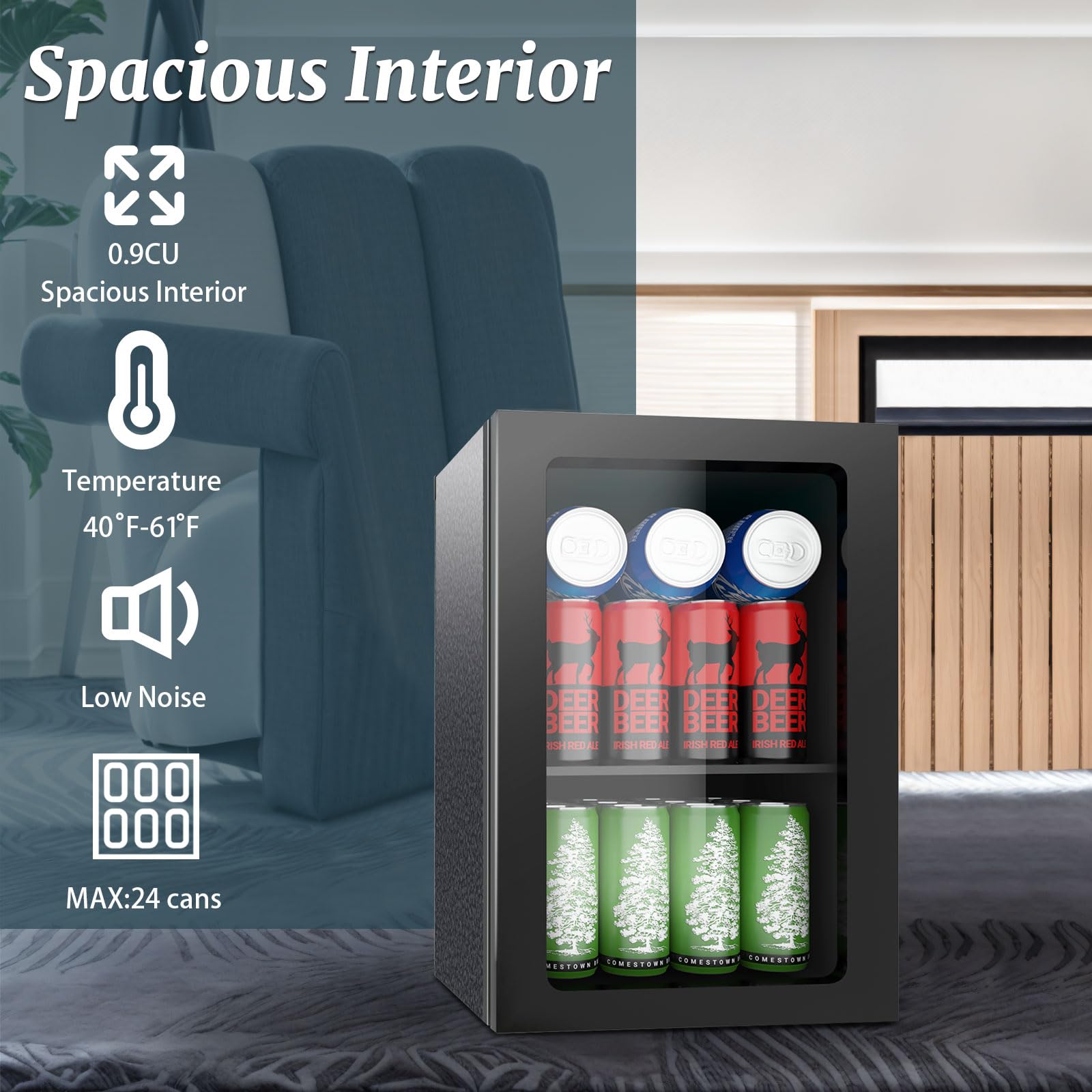 Stopasd Beverage Refrigerator Cooler, 0.9 Cu.Ft/24 Can Drink Fridge with Adjustable Shelves & Clear Door for Soda Wine Beer, Countertop Mini Fridge, Compact Design for Home/Office/Bar (40-61 ℉), Black