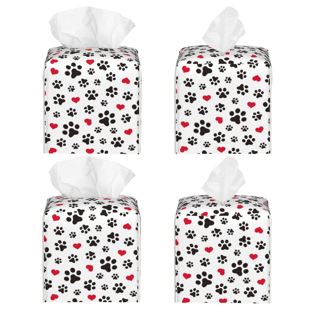 Dog Paw Cat Paw Heart Love Tissue Box Cover Square, Animal Puppy Footprints Tissue Box Holder Waterproof Leather Facial Paper Organizer Dispenser for Bathroom Home Car Nightstand Vanity Desk
