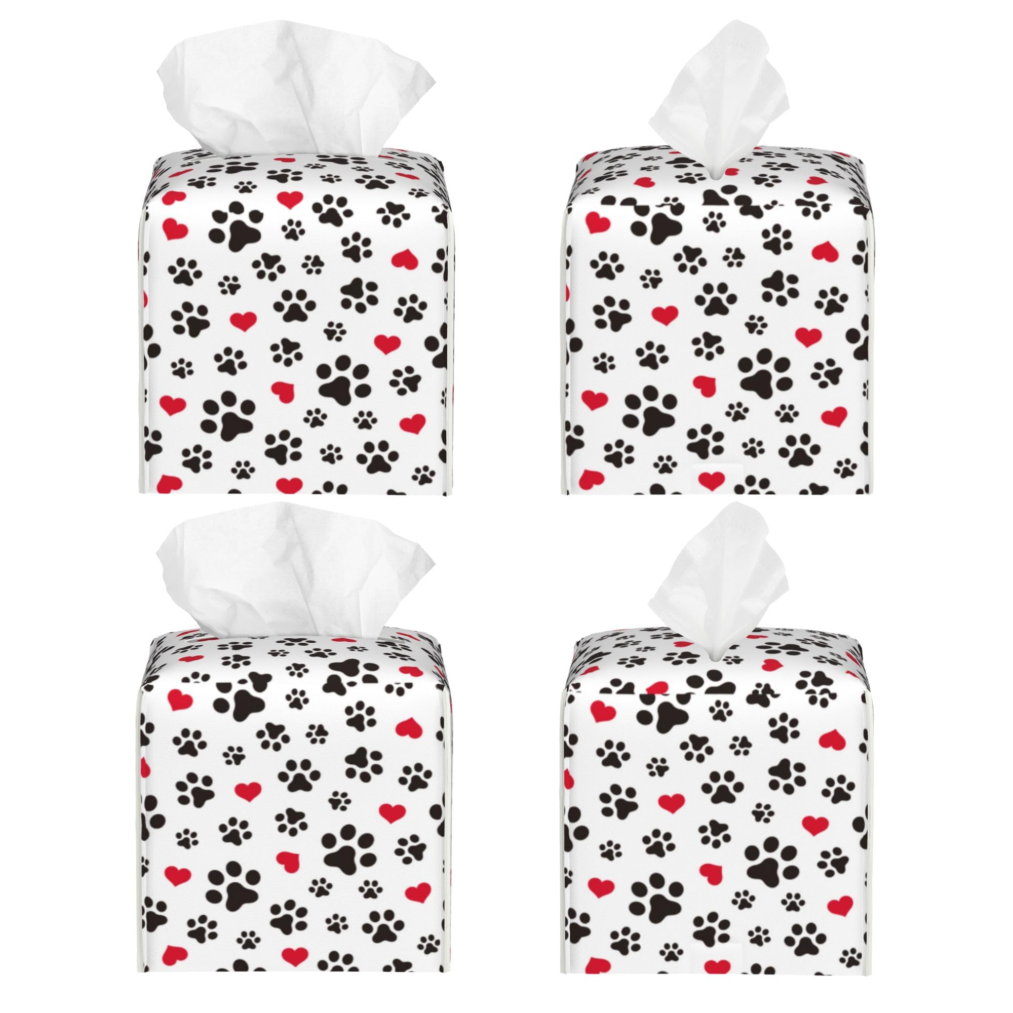 Dog Paw Cat Paw Heart Love Tissue Box Cover Square, Animal Puppy Footprints Tissue Box Holder Waterproof Leather Facial Paper Organizer Dispenser for Bathroom Home Car Nightstand Vanity Desk