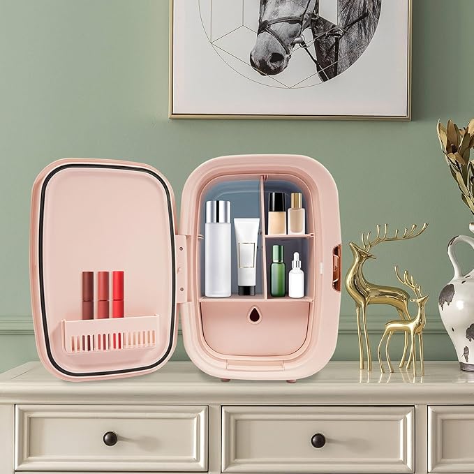 trggvvrt 12L Portable Beauty Fridge with Handle, Compact Fridge for Makeup Lipstick, Cooler & Warmer Cosmetics Refrigerator with Adjustable Shelves for Makeup, Perfumes, Lipsticks (Pink)