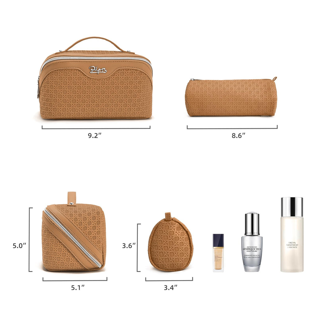 BOYATU Travel Makeup Bag Cosmetic Bags for Women: Large Capacity 3 Pcs Set Make up Bag with Compartments - Waterproof Vegan Leather Toiletry Organizer Bags with Handle (M-74Yellow Brown)