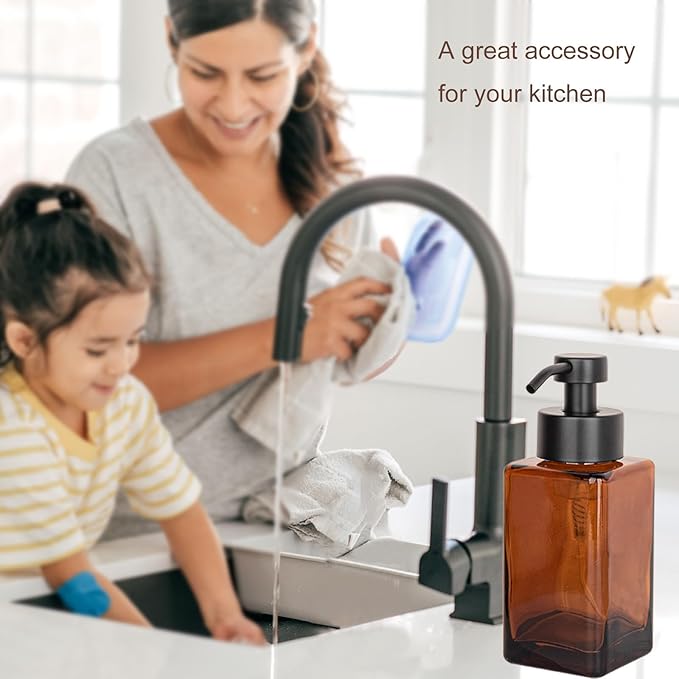 Foaming Soap Dispenser with Stainless Steel Pump, 12oz Refillable Glass Liquid Dish Soap Bottles for Bathroom, Kitchen Sink, Home Decor