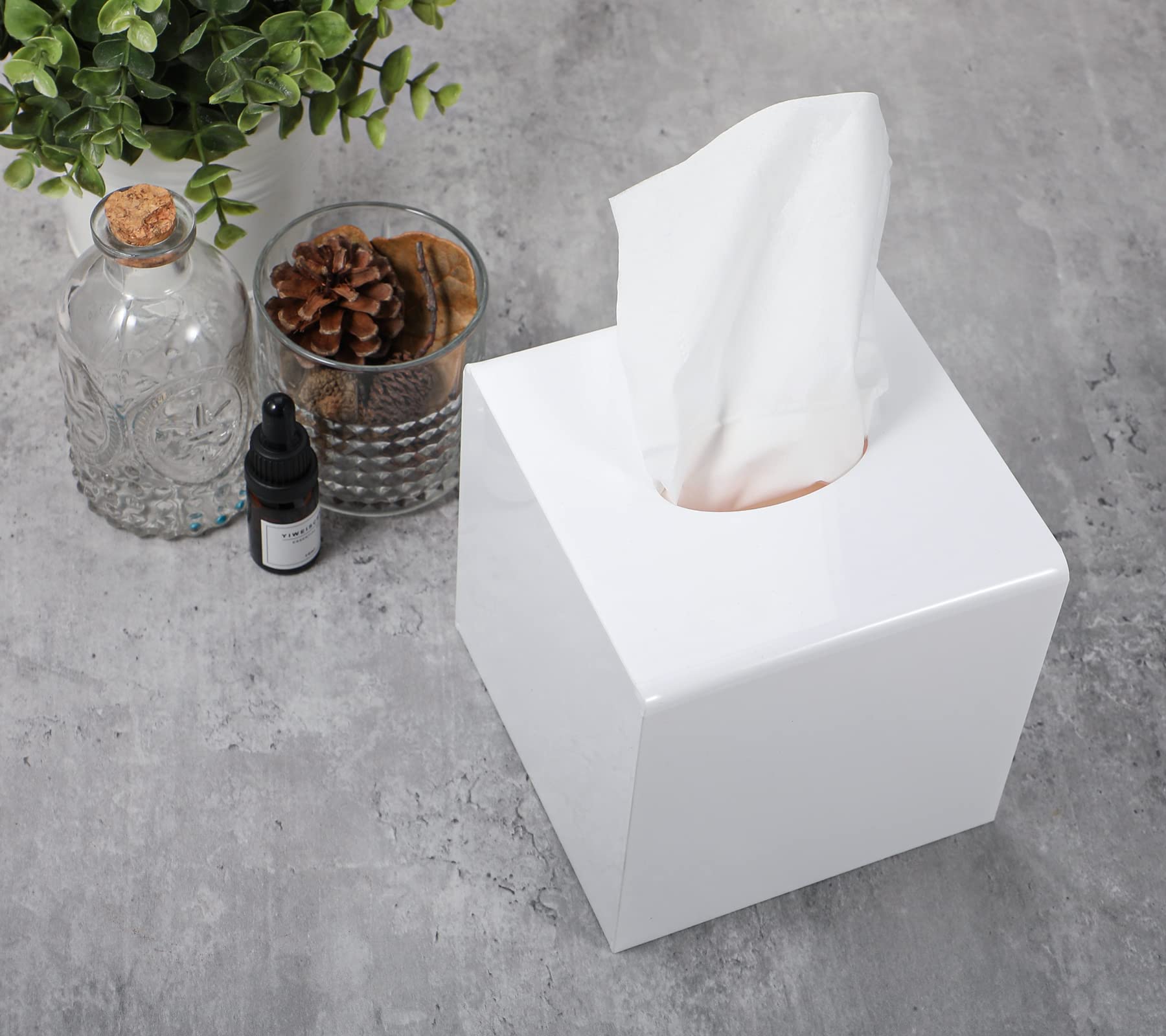 Kamehame Tissue Box Cover Square Acrylic Tissue Holder 5.25x5.25x5.5 Inch White Dryer Sheet Holder Container Tissue Dispenser for Home Bathroom Kitchen and Office