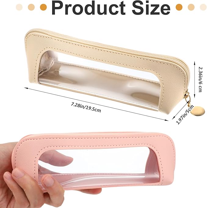 Kifmurase 2Pcs Clear Makeup Brush Bag, Leather Slim Makeup Case, Portable Transparent Waterproof Cosmetic Pouch with Zipper, Double Sided Clear Bag for Women Travel Storage (White, Pink)