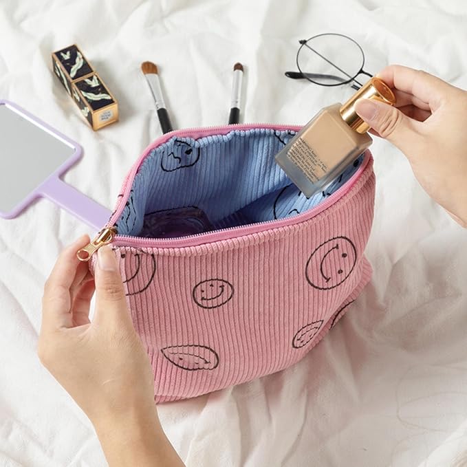 Gardsell Cosmetic Bags for Women - Corduroy Cosmetic Bag Aesthetic Women Handbags Purses Smile Dots Makeup Organizer Storage Makeup Bag Girls Case Bags (Double Pink Blue)