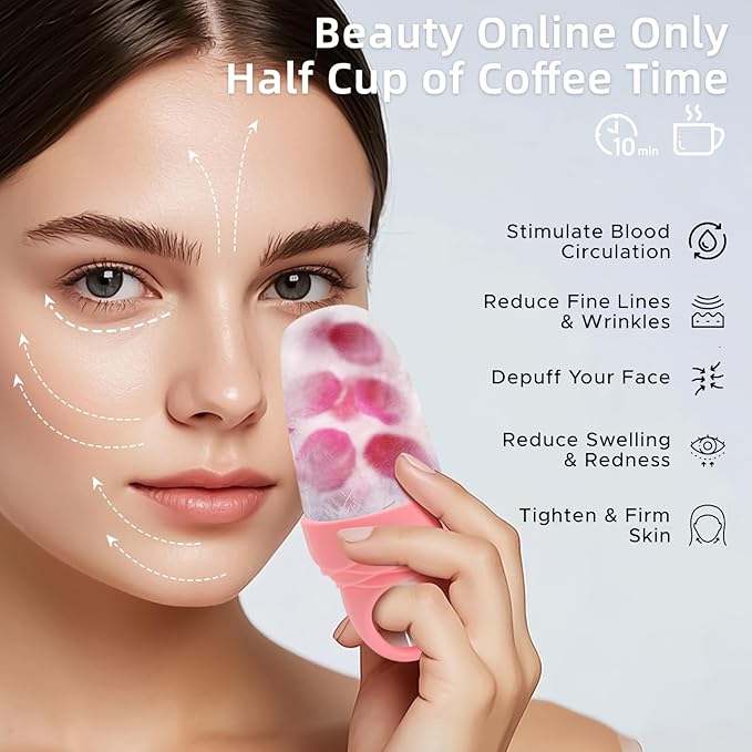 Mabnuby Ice Roller for Face and Eye, Reusable Silicone Ice Facial Roller for Reducing Puffiness, Ice Face Mold Skin Care, Ice Cube Roller Tools for Women - Pink 2 + Purple 1