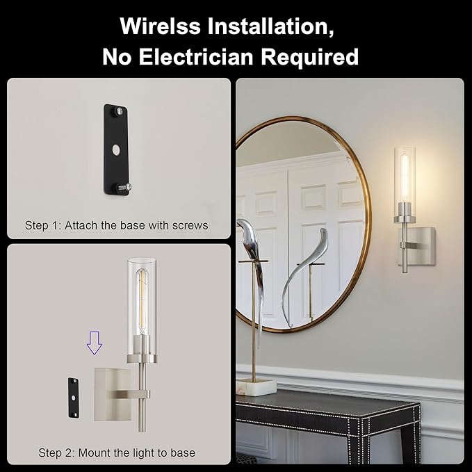 SANTOSTOCK Brushed Nickel Battery Operated Wall Sconces with Remote Control, Wireless Wall Sconce Set of 2, Rechargeable Cordless Wall Lights for Living Room Bathroom Hallway Entryway Stairwell, 3000K