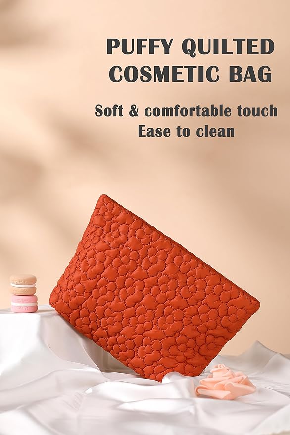 HFLZBRO Puffy Quilted Makeup Bag for Women, Cosmetic Bag, Travel Toiletry Organizer Pouch Clutch (Orange Flowers)