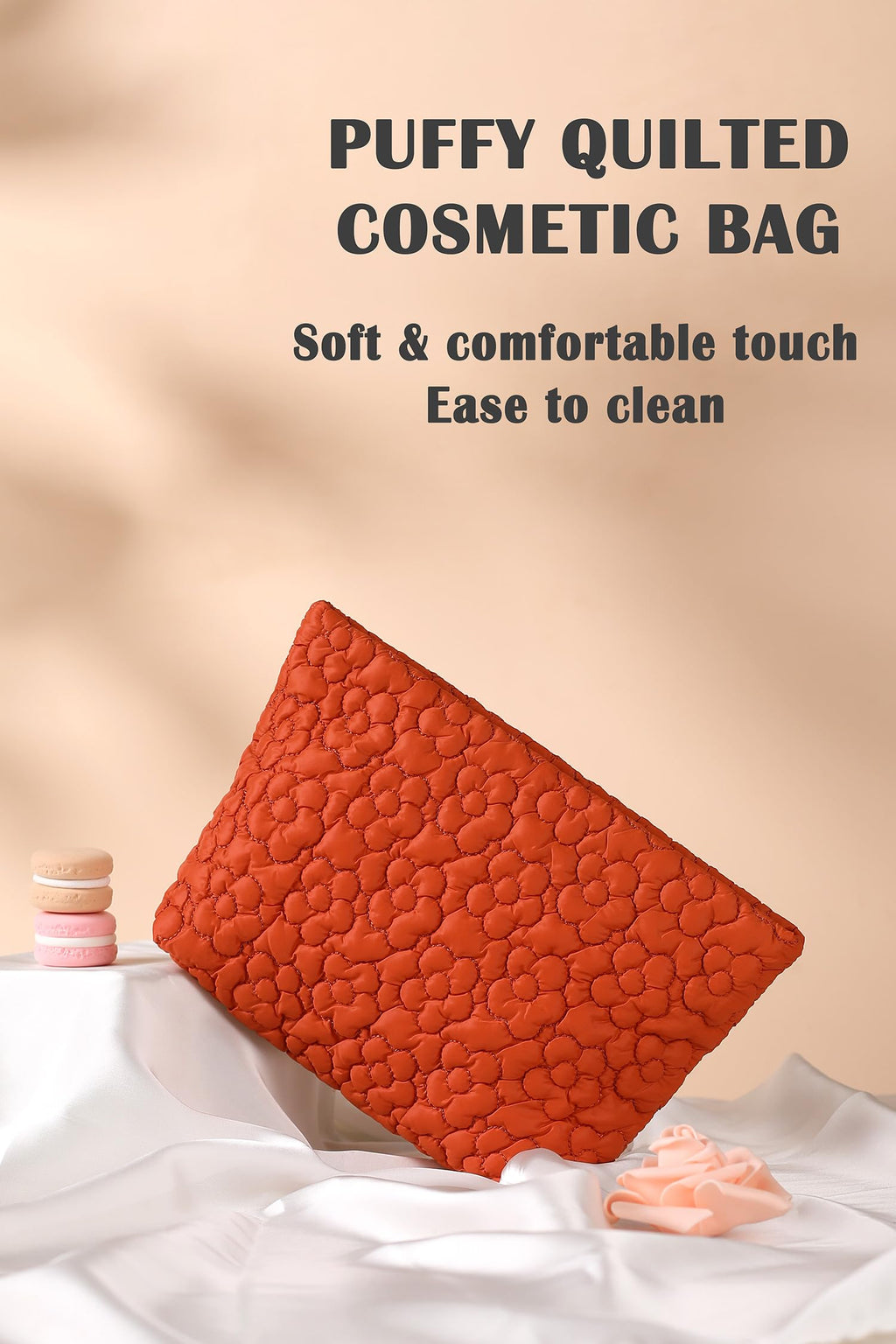 HFLZBRO Puffy Quilted Makeup Bag for Women, Cosmetic Bag, Travel Toiletry Organizer Pouch Clutch (Orange Flowers)