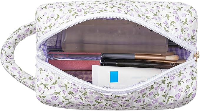 HHQQWZ Makeup Bag Travel Cosmetic Bag for Women, Zipper Make Up Pouch, Floral Flowers Toiletry Organizer Makeup with Handle, Cosmetic Travel Cloth Bag (Purple Floral)