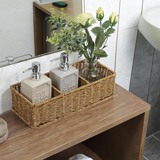 Waterproof Wicker Bathroom Basket with 3 Compartments, Light Brown